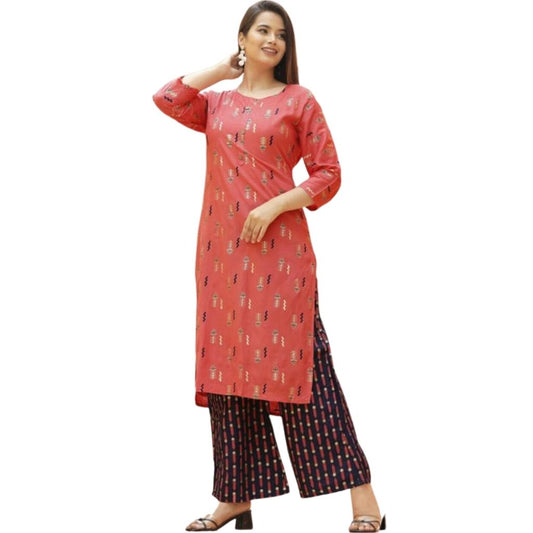 Printed Rayon Kurti With Palazzo For Women - Red / L - Shopaholics