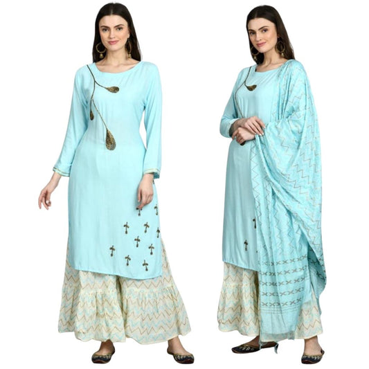 Rayon Cotton Kurti Sharara With Dupatta For Women - L / Cyan - Shopaholics