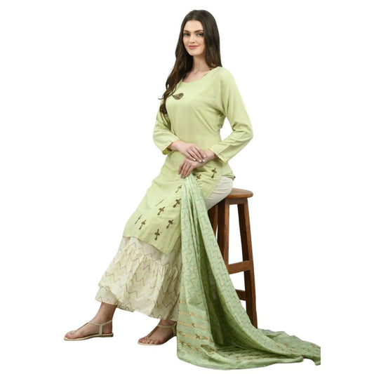 Rayon Cotton Kurti Sharara With Dupatta For Women - L / Green - Shopaholics