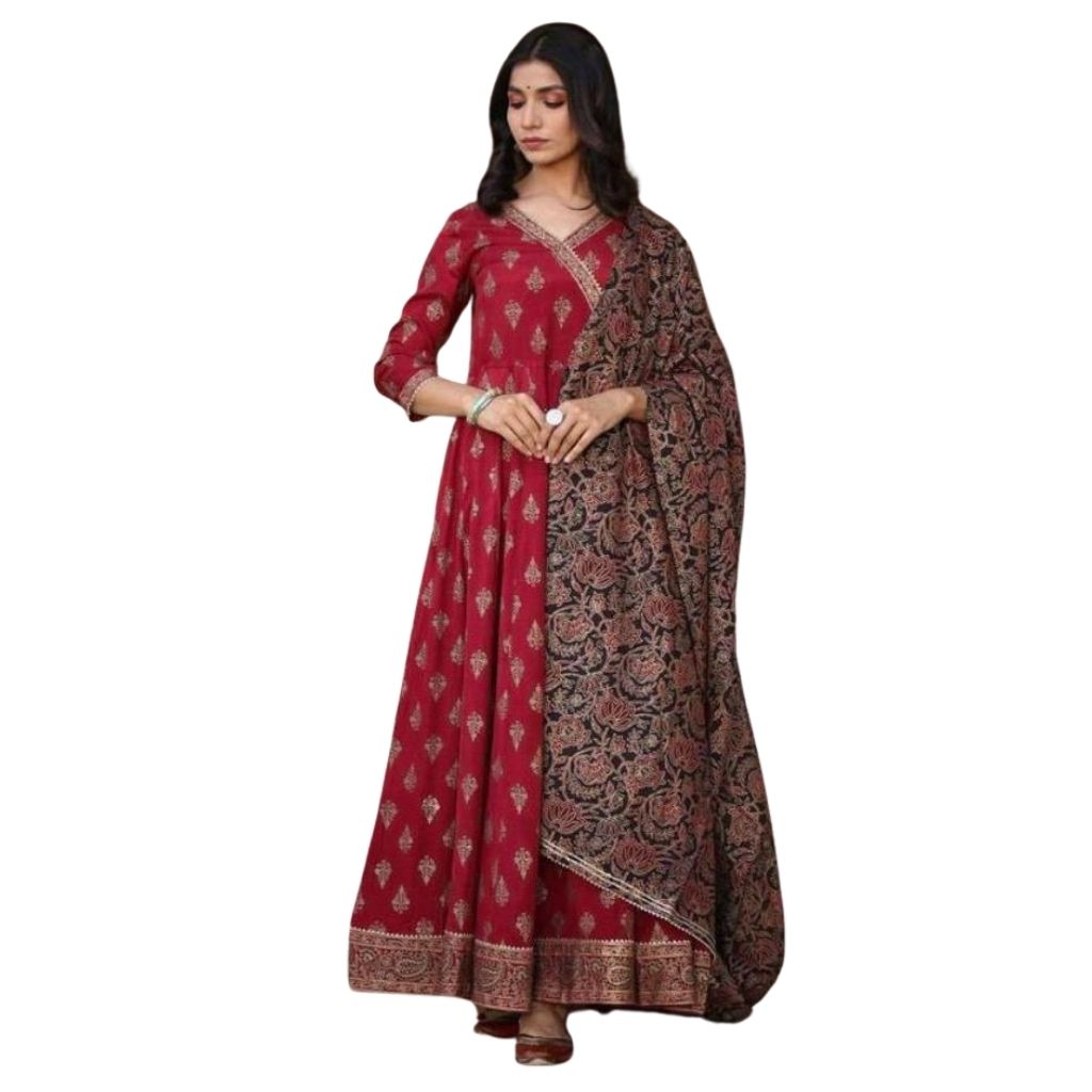 Rayon Flared Long Gown Kurti With Dupatta For Women - Red / M - Shopaholics