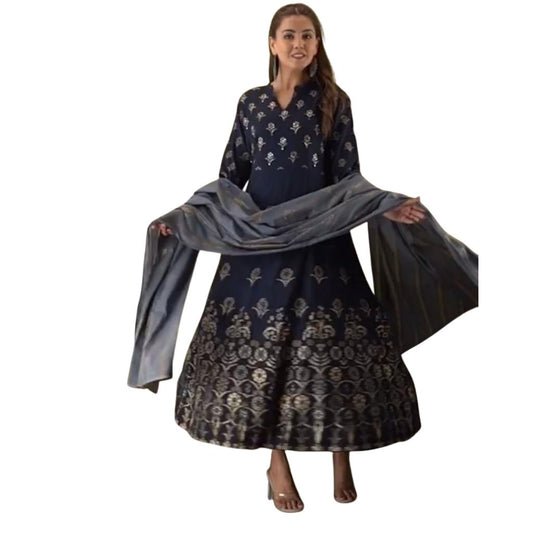 Rayon Gold Print Kurti With Cotton Dupatta For Women - M / Blue - Shopaholics