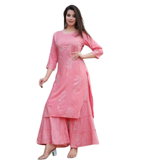 Rayon Kurti Hand Katha Work With Sharara For Women - M / Peach - Shopaholics