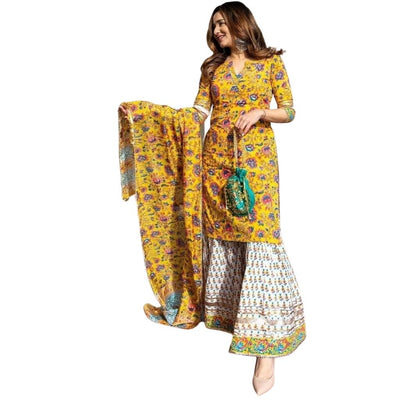 Rayon Printed Kurti And Sharara With Dupatta For Women - Yellow / M-38 - Shopaholics