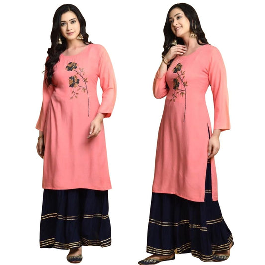 Rayon Stitched Kurti With Sharara Gotta Lace For Women - L / Peach - Shopaholics