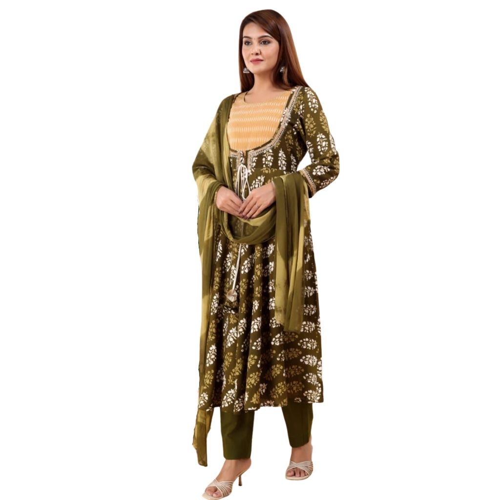 Rayon Suit Flare Kurti Pant With Dupatta For Women - M / Green - Shopaholics