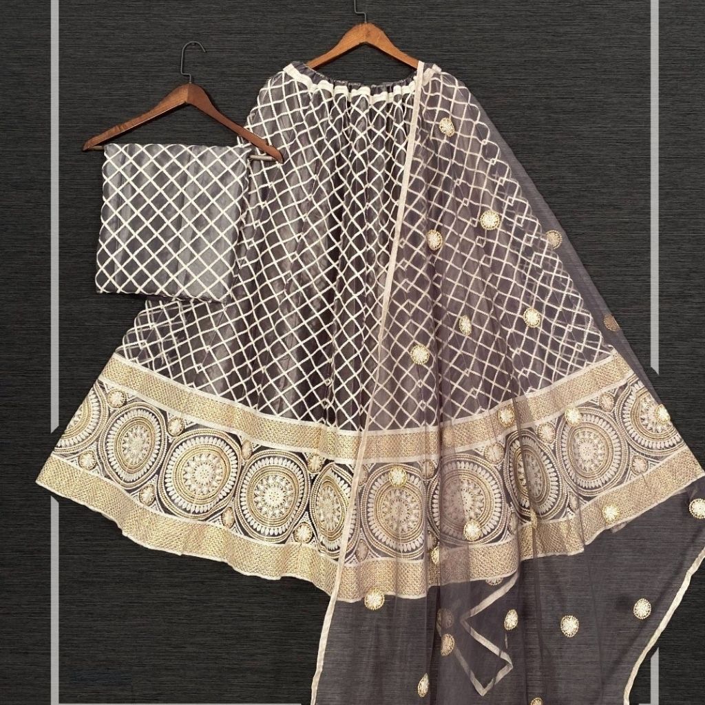 Semi-Stitched Net Lucknowi Work Lehenga For Women - 44 / Silver - Shopaholics