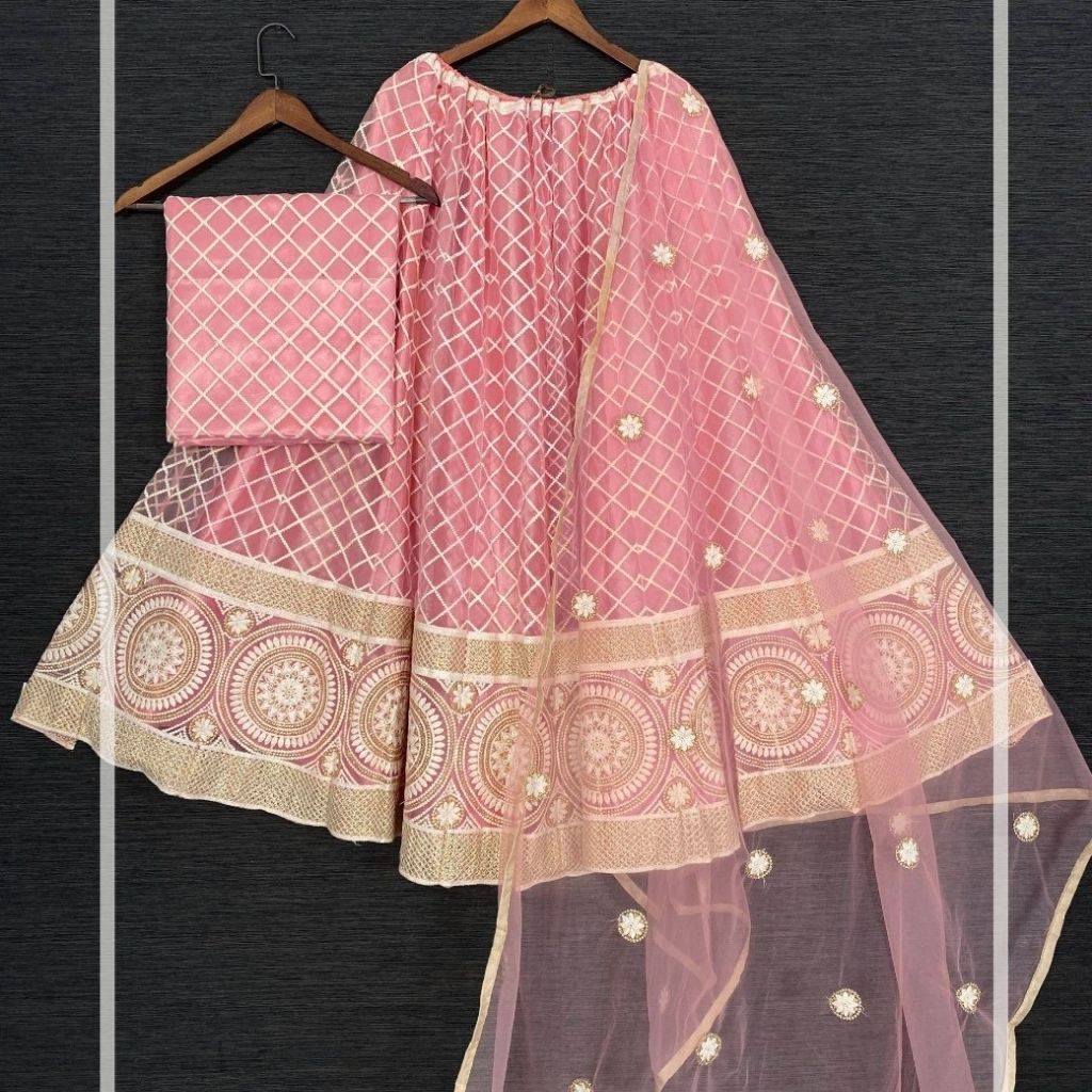 Semi-Stitched Net Lucknowi Work Lehenga For Women - 44 / Peach - Shopaholics