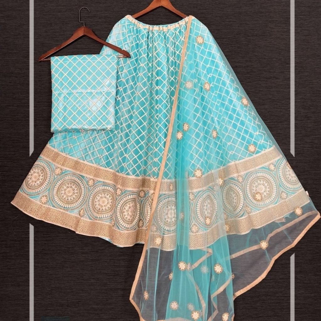 Semi-Stitched Net Lucknowi Work Lehenga For Women - 44 / Ocean - Shopaholics