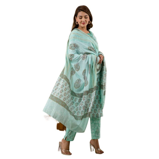 Sequnce Worked Printed Kurti Pant With Dupatta For Women - M / White-Green - Shopaholics