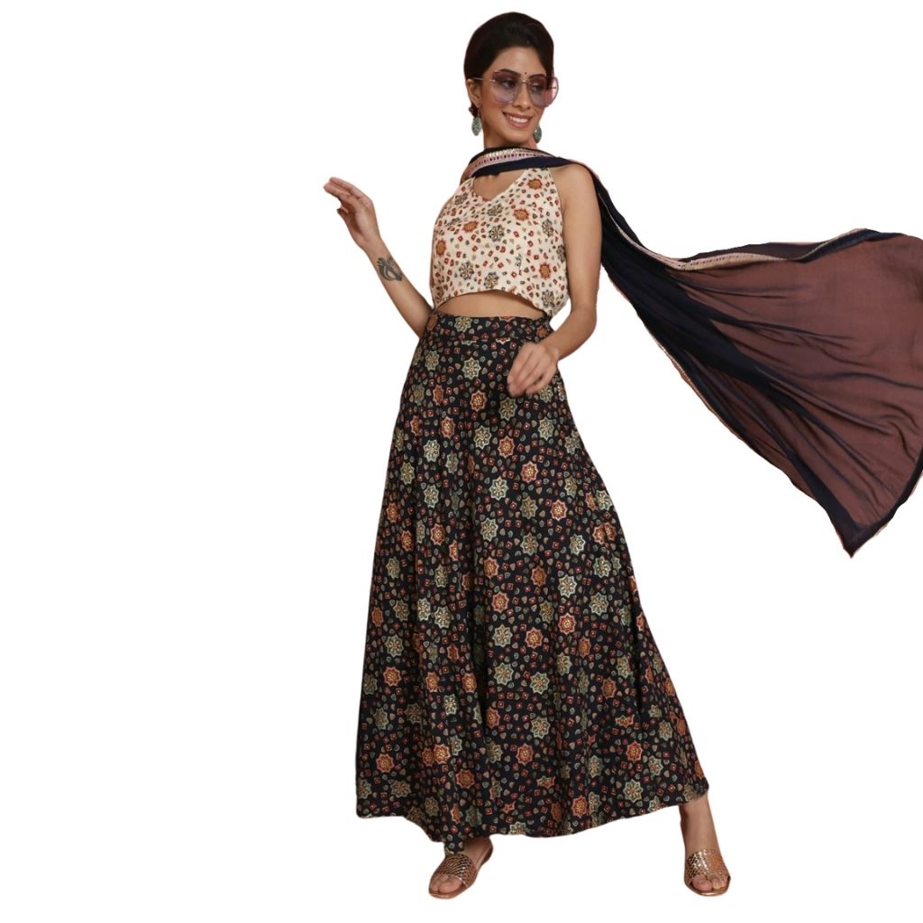 Silk Gold Printed Lehenga Choli With Dupatta For Women - Navy Blue-White / S-36 - Shopaholics