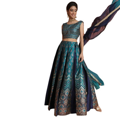 Silk Gold Zari Work Lehenga Choli With Dupatta For Women - Teal Blue / S-36 - Shopaholics