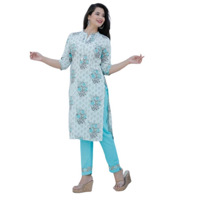 Sippy Work Rayon Kurti With Embroidered Pant For Women - M-38 / White-Cyan - Shopaholics