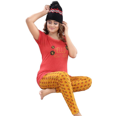 Soft Cotton Hosiery Lower And T-Shirt Set For Women - L / Orange-Yellow - Shopaholics