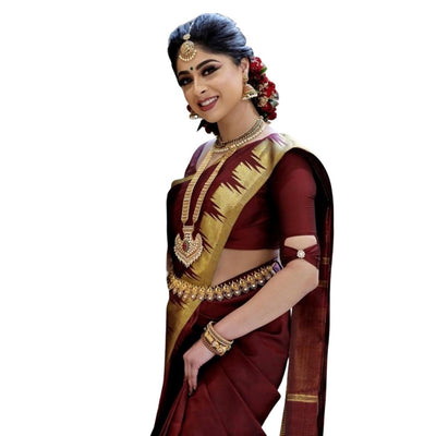 Soft Silk Weaving Saree With Jacquard Blouse For Women - Red-Gold - Shopaholics
