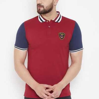 Solid Collar Striped Regular Fit T-Shirt For Men - Blue-Red / S-38 - Shopaholics