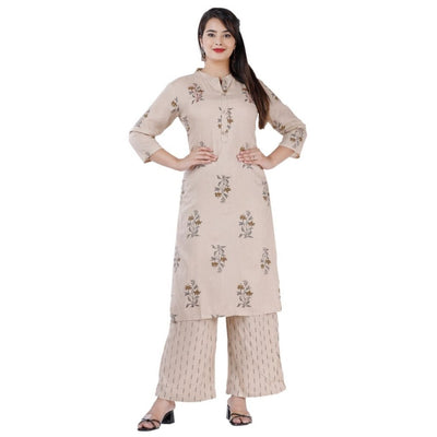 Solid Flower Printed Kurti With Plazzo For Women - M / Beige - Shopaholics