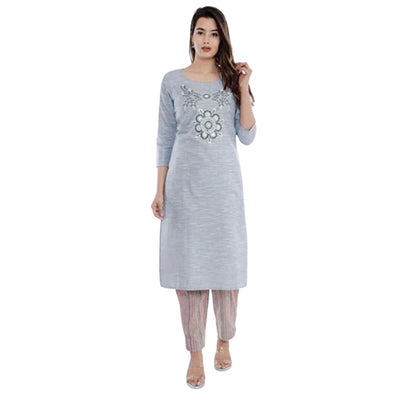 South Cotton Embroidery Work Kurti And Pant For Women - M / Grey - Shopaholics