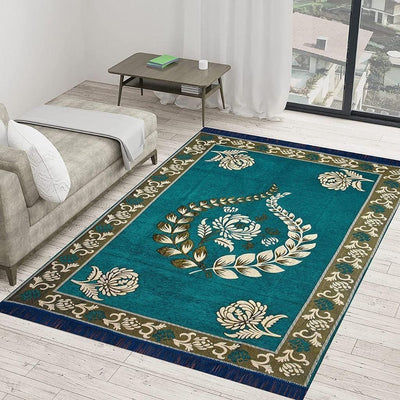 Sparrow World Chenille Pannel Design Living Room Carpet - 5 Feet x 7 Feet / Aqua - Shopaholics