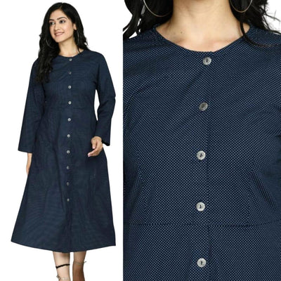 Stitched Cotton Twill Printed Polka Western Dress For Women - M / Dark-Blue - Shopaholics