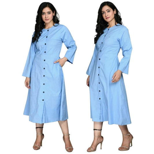 Stitched Cotton Twill Printed Polka Western Dress For Women - M / Light-Blue - Shopaholics