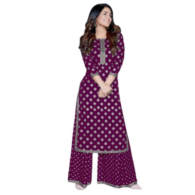 Stitched Rayon Foil Printed Kurti With Palazzo For Women - M-38 / Pink - Shopaholics