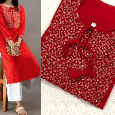 Stitched Rayon Kurti With Cotton Plazo For Women - M-38 / Red - Shopaholics