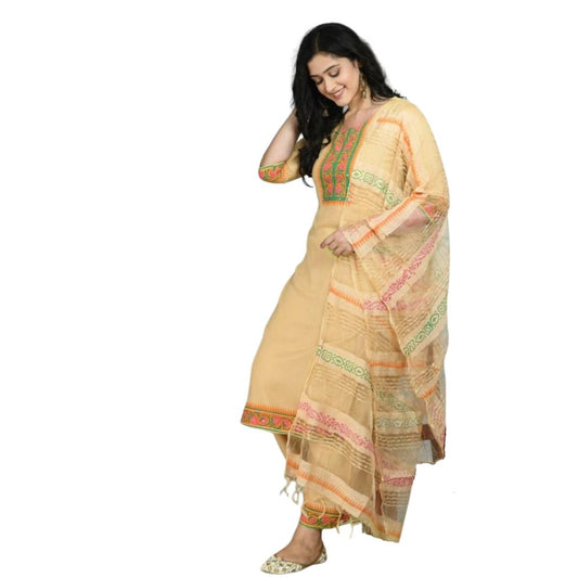 Stitched Rayon Printed Kurti Palazzo With Dupatta For Women - M / Cream - Shopaholics