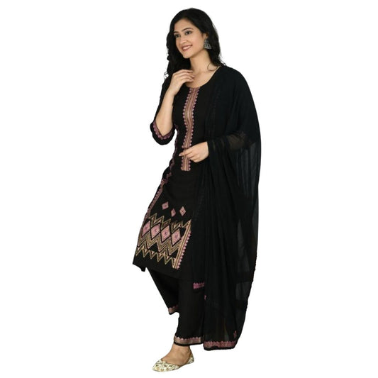 Stitched Rayon Printed Kurti Palazzo With Dupatta For Women - M / Black - Shopaholics