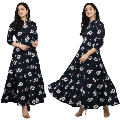 Stitched Soft Crepe Floral Printed Gowns For Women - L-40 / Blue - Shopaholics