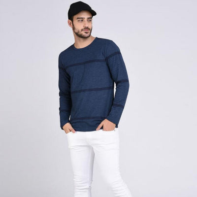 Stripe Round Neck Cotton Full Sleeve T-Shirt For Men - Shopaholics