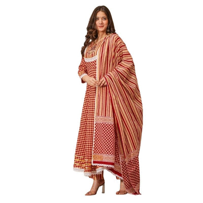 Striped Anarkali Gowns And Pant With Dupatta For Women - M-38 / Red-Orange - Shopaholics