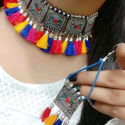 Stylish Oxidised Necklace Set For Women - Free Size / Blue - Shopaholics