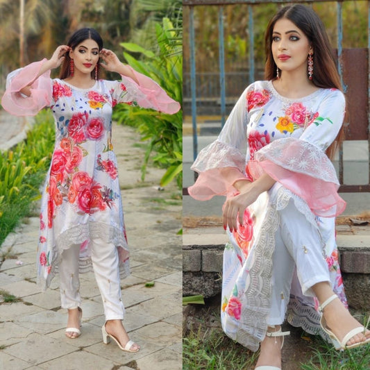 Stylish Long Sea Cut Tunic With Plazzo For Women - XL / White Rose - Shopaholics