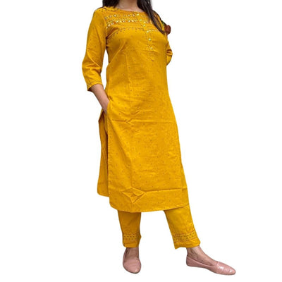 Tagai Embroidery Straight Kurti With Elastic Pant For Women - M-38 / Yellow - Shopaholics