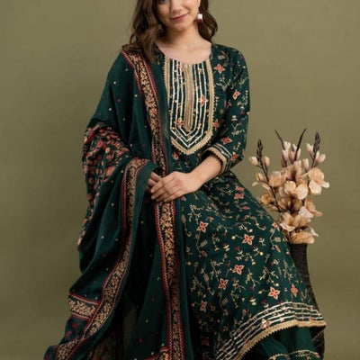 Trendy Look Rayon Kurti Pant With Dupatta For Women - M-38 / Green - Shopaholics