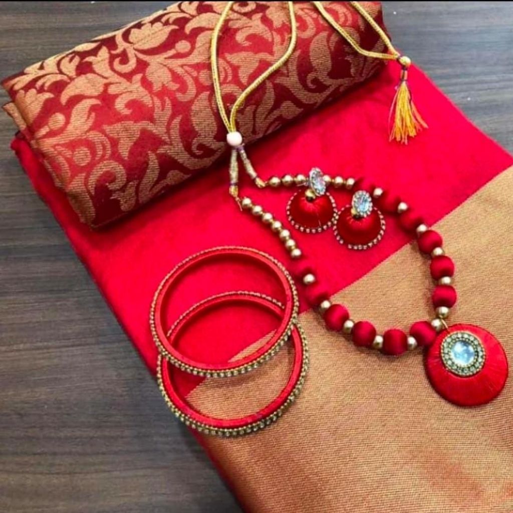 Tusser Silk Bavanchi Border Saree With Blouse For Women - Red - Shopaholics