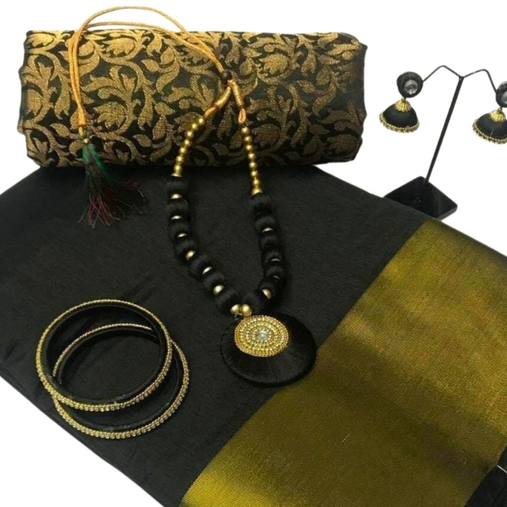 Tusser Silk Bavanchi Border Saree With Blouse For Women - Black - Shopaholics