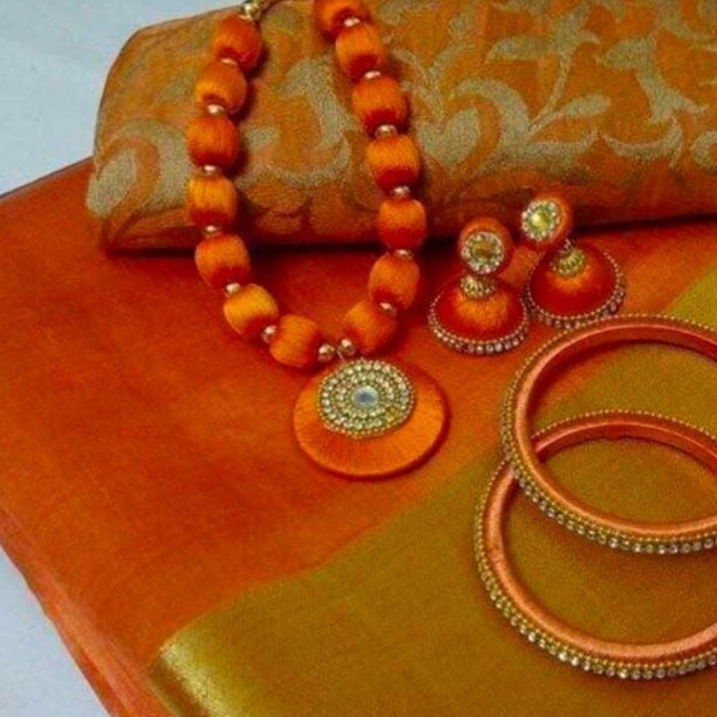 Tusser Silk Bavanchi Border Saree With Blouse For Women - Orange - Shopaholics