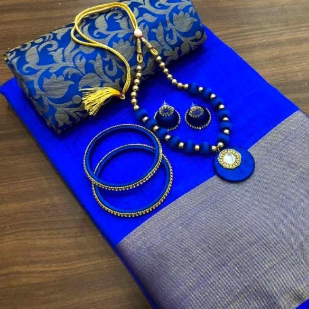 Tusser Silk Bavanchi Border Saree With Blouse For Women - Blue - Shopaholics