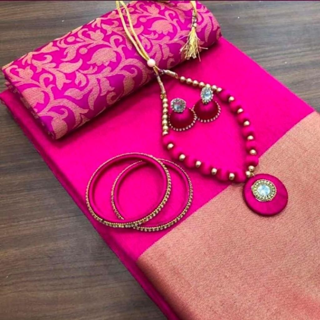 Tusser Silk Bavanchi Border Saree With Blouse For Women - Pink - Shopaholics