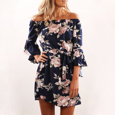 Women Summer Off Shoulder Floral Print Dress - Blue / L - Shopaholics