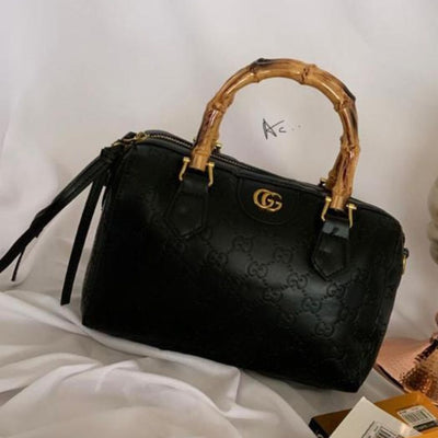 Wooden Handle Speedy Handbag For Women - Black - Shopaholics
