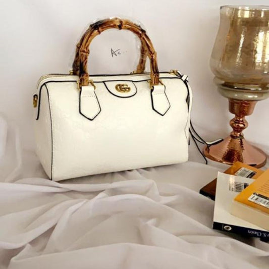 Wooden Handle Speedy Handbag For Women - White - Shopaholics