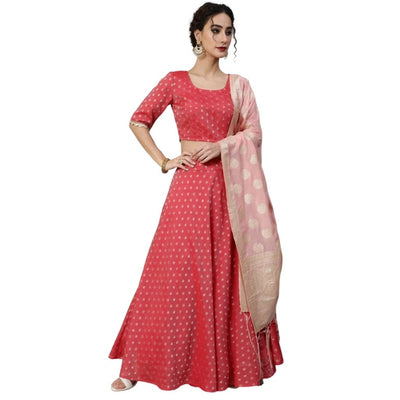Woven Design Lace Work Lehenga Choli With Dupatta For Women - Red-Gold / S-36 - Shopaholics