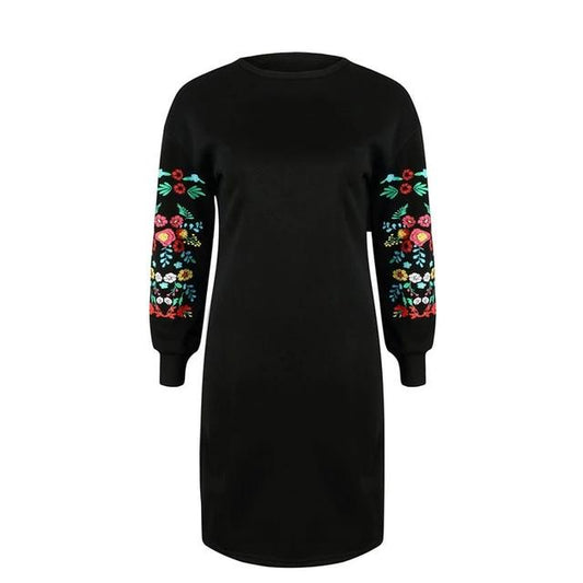 Elegant Floral Print Long Sleeve O-Neck Midi Dress - Black / L - Shopaholics