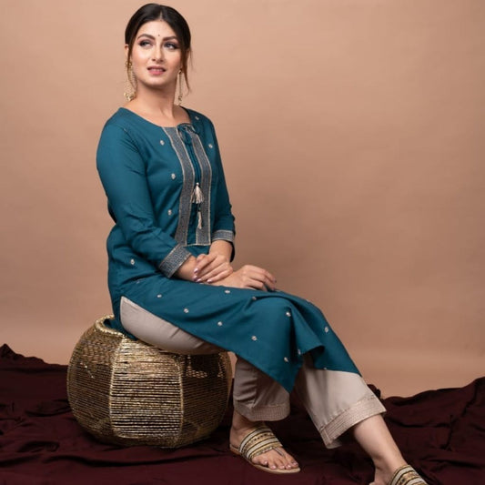 Zari Embroidered Kurti Combined With Paints For Women - M / Blue - Shopaholics